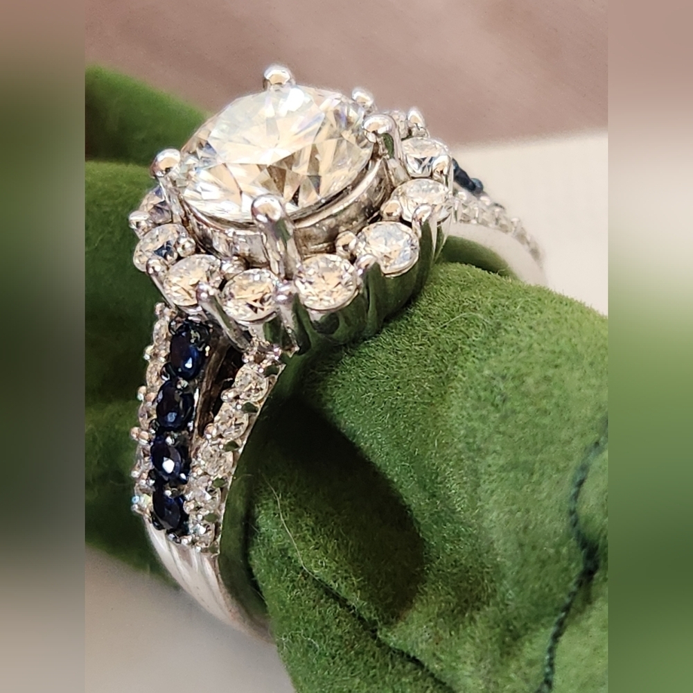 Moissanite Fire Blue Sapphire Platineve 925 Silver Ring - Picture 15 of 16